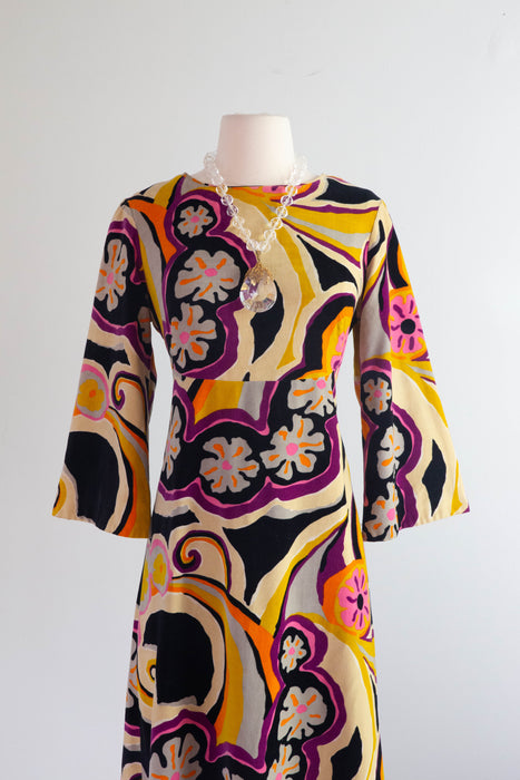 Fabulous 1960's Psychedelic Velvet Maxi Dress By Tori Richards / Medium