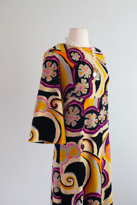 Fabulous 1960's Psychedelic Velvet Maxi Dress By Tori Richards / Medium