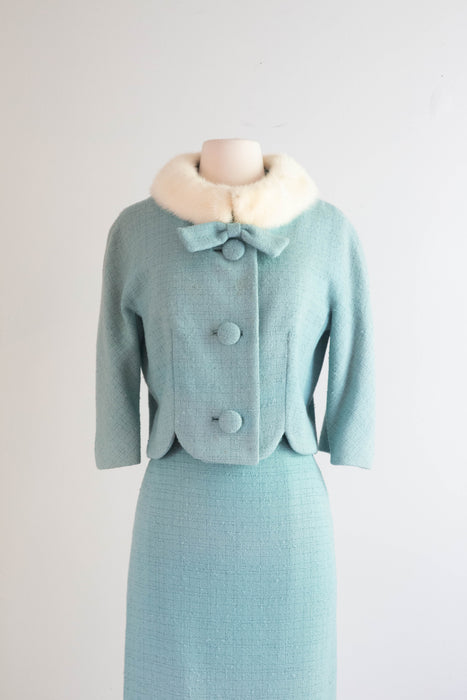 Iconic Late 1950's Lilli Ann Power Blue Suit With Mink Collar and Matching Hat / Medium