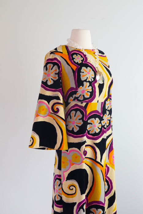 Fabulous 1960's Psychedelic Velvet Maxi Dress By Tori Richards / Medium