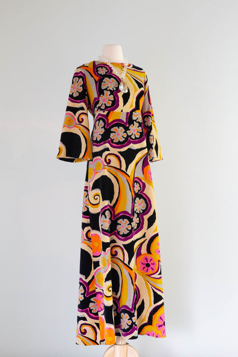 Fabulous 1960's Psychedelic Velvet Maxi Dress By Tori Richards / Medium