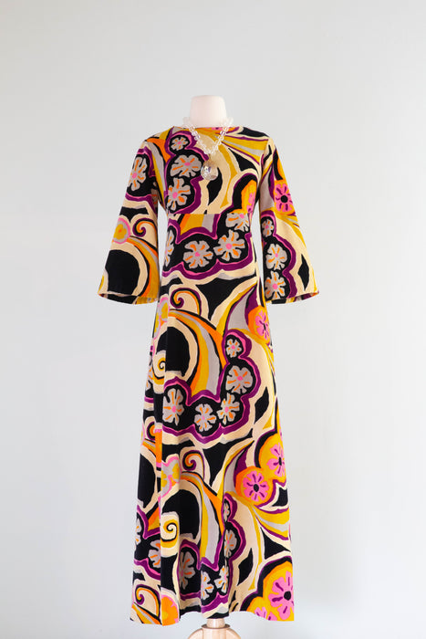 Fabulous 1960's Psychedelic Velvet Maxi Dress By Tori Richards / Medium