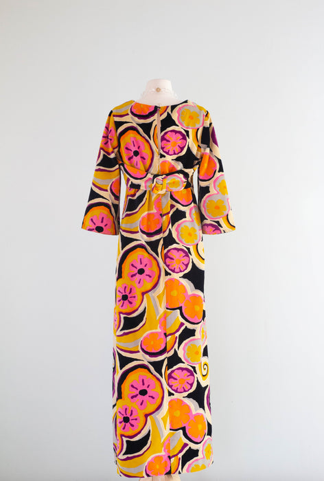 Fabulous 1960's Psychedelic Velvet Maxi Dress By Tori Richards / Medium