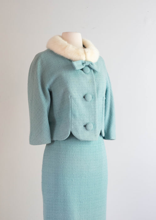 Iconic Late 1950's Lilli Ann Power Blue Suit With Mink Collar and Matching Hat / Medium