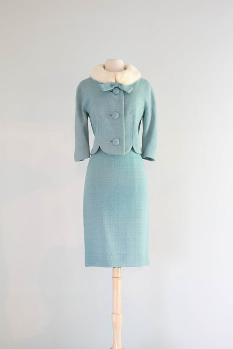 Iconic Late 1950's Lilli Ann Power Blue Suit With Mink Collar and Matching Hat / Medium