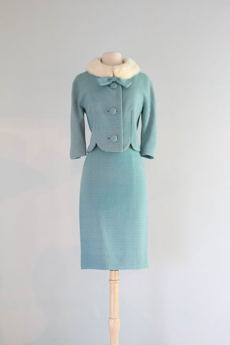 Iconic Late 1950's Lilli Ann Power Blue Suit With Mink Collar and Matching Hat / Medium