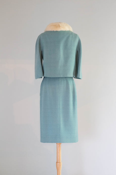 Iconic Late 1950's Lilli Ann Power Blue Suit With Mink Collar and Matching Hat / Medium