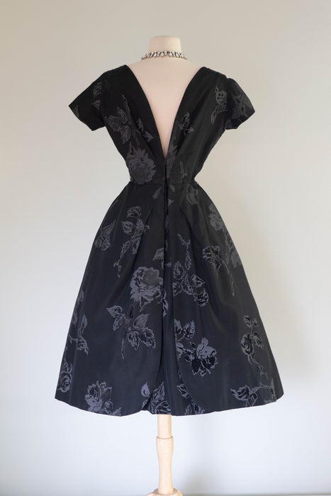 Documented 1950's Estevez Black Silk Faille Evening Dress With Roses / S