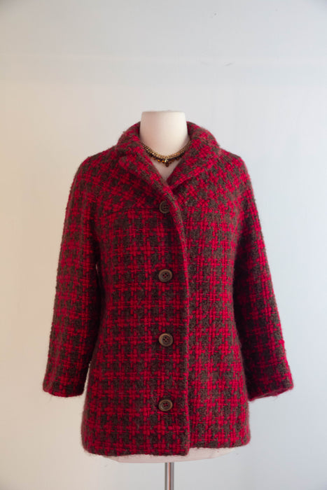 Gorgeous 1960's Crimson & Cocoa Wool Boucle' Jacket / M