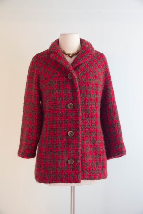 Gorgeous 1960's Crimson & Cocoa Wool Boucle' Jacket / M