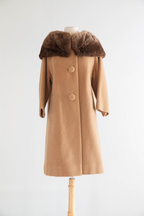 Classic 1950’s Charles Talbot Camel Cocoon Coat With Luxurious Fur Collar / SM