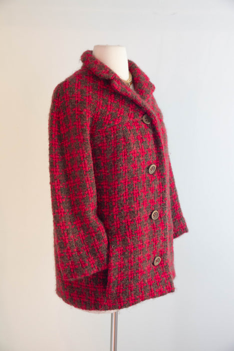 Gorgeous 1960's Crimson & Cocoa Wool Boucle' Jacket / M