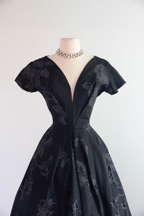 Documented 1950's Estevez Black Silk Faille Evening Dress With Roses / S