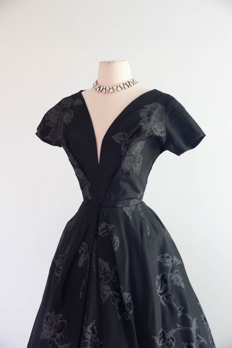 Documented 1950's Estevez Black Silk Faille Evening Dress With Roses / S