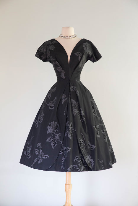 Documented 1950's Estevez Black Silk Faille Evening Dress With Roses / S
