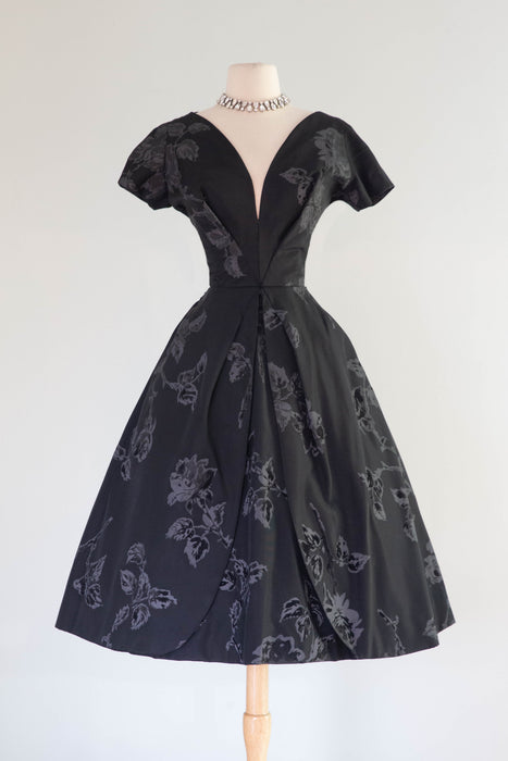 Documented 1950's Estevez Black Silk Faille Evening Dress With Roses / S