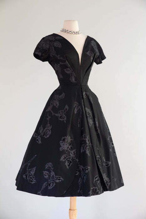 Documented 1950's Estevez Black Silk Faille Evening Dress With Roses / S
