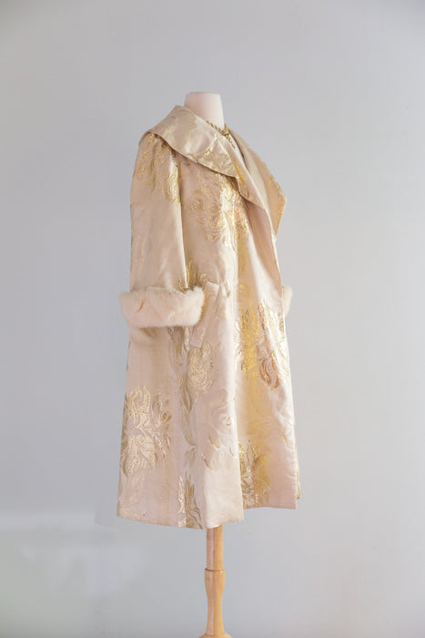 Spectacular 1950's Mr. Blackwell Custom Gold Brocade Evening Coat With Mink Cuffs. / SM
