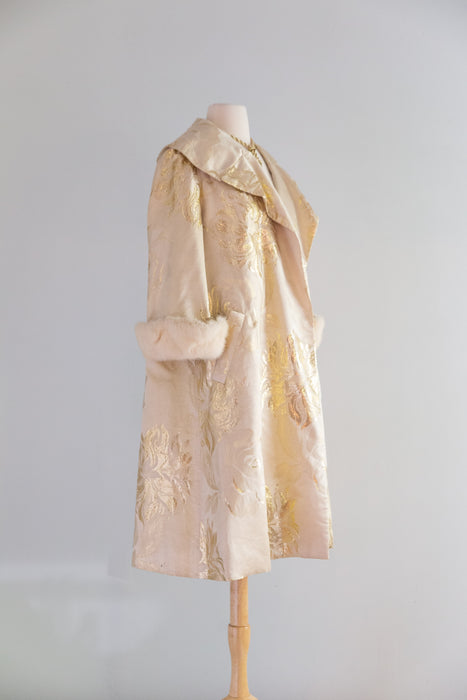 Spectacular 1950's Mr. Blackwell Custom Gold Brocade Evening Coat With Mink Cuffs. / SM