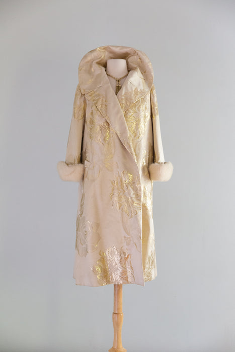 Spectacular 1950's Mr. Blackwell Custom Gold Brocade Evening Coat With Mink Cuffs. / SM