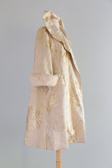 Spectacular 1950's Mr. Blackwell Custom Gold Brocade Evening Coat With Mink Cuffs. / SM