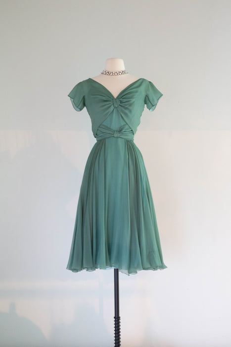 Sublime Sea Foam Silk Chiffon Cocktail Dress by Helen Rose, Circa 1950’s / Small