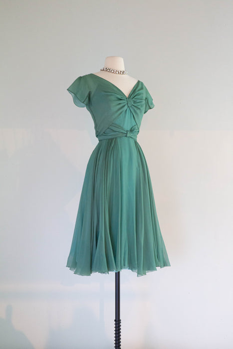 Sublime Sea Foam Silk Chiffon Cocktail Dress by Helen Rose, Circa 1950’s / Small