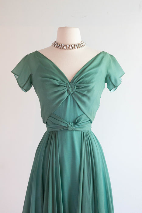 Sublime Sea Foam Silk Chiffon Cocktail Dress by Helen Rose, Circa 1950’s / Small