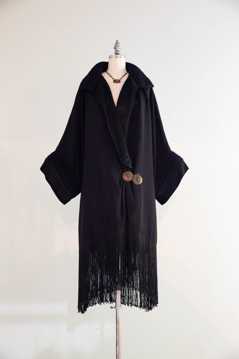 Magnificent 1920s Navy Wool Gabardine Evening Coat with Silk Lining and Fringe Trim / OS