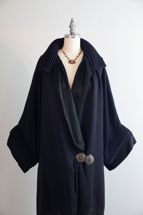 Magnificent 1920s Navy Wool Gabardine Evening Coat with Silk Lining and Fringe Trim / OS