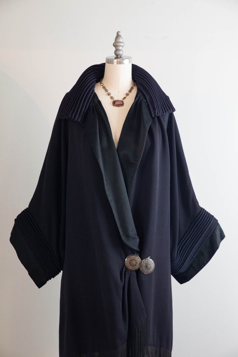 Magnificent 1920s Navy Wool Gabardine Evening Coat with Silk Lining and Fringe Trim / OS