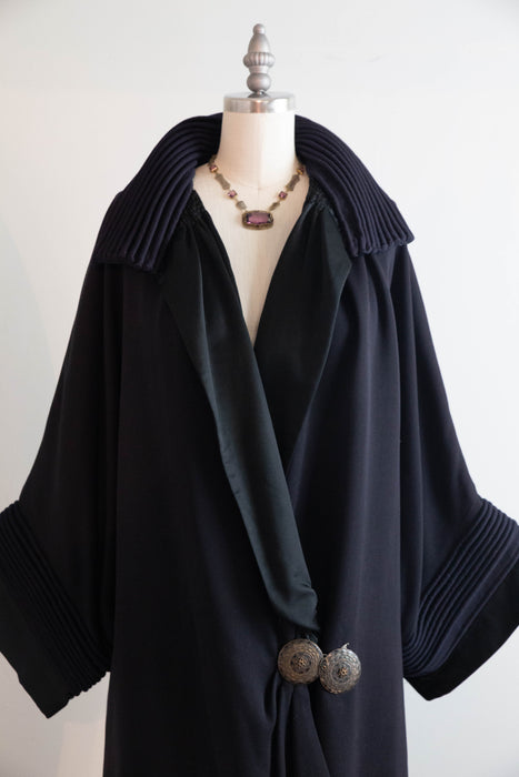 Magnificent 1920s Navy Wool Gabardine Evening Coat with Silk Lining and Fringe Trim / OS