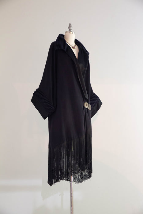 Magnificent 1920s Navy Wool Gabardine Evening Coat with Silk Lining and Fringe Trim / OS