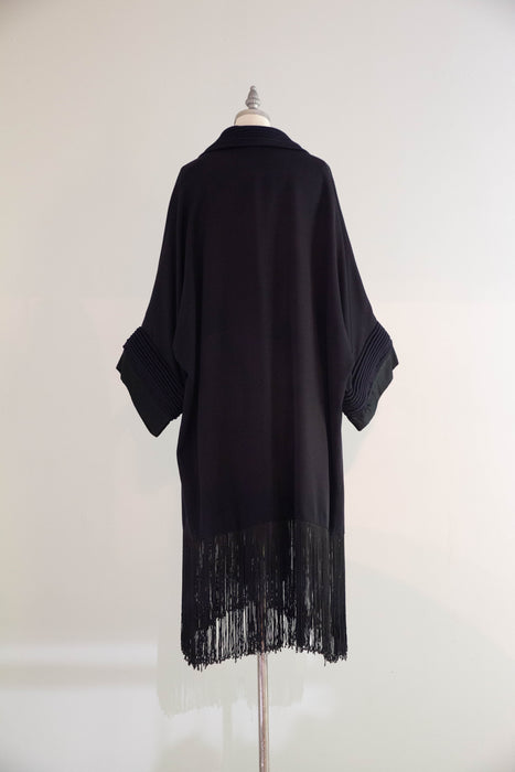 Magnificent 1920s Navy Wool Gabardine Evening Coat with Silk Lining and Fringe Trim / OS