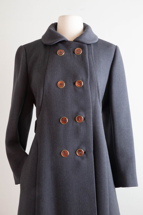 Sublime 1960's Steel Grey Sculpted Wool Coat With Golden Lining / Medium