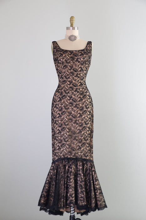 Iconic Late 1950's Black Hourglass Illusion Lace Mermaid Dress By Lee Jordan / XS