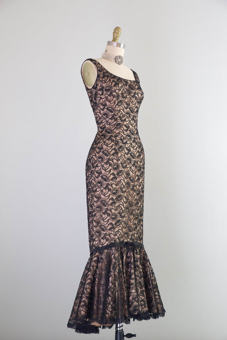 Iconic Late 1950's Black Hourglass Illusion Lace Mermaid Dress By Lee Jordan / XS