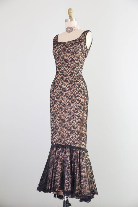 Iconic Late 1950's Black Hourglass Illusion Lace Mermaid Dress By Lee Jordan / XS