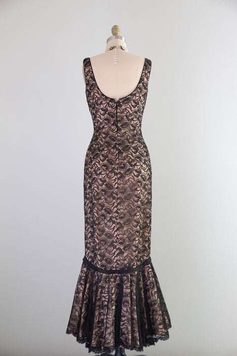 Iconic Late 1950's Black Hourglass Illusion Lace Mermaid Dress By Lee Jordan / XS
