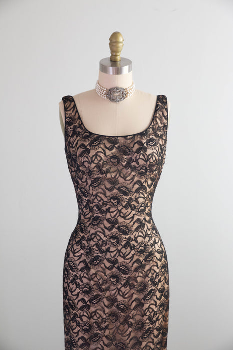 Iconic Late 1950's Black Hourglass Illusion Lace Mermaid Dress By Lee Jordan / XS