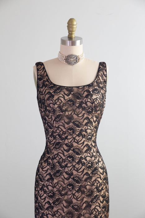 Iconic Late 1950's Black Hourglass Illusion Lace Mermaid Dress By Lee Jordan / XS