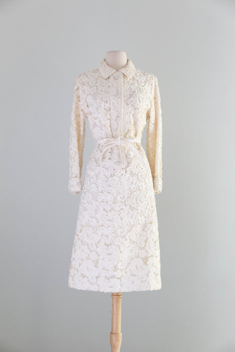 Elegant 1960's Vanilla Soutache & Lace Cocktail Dress / M