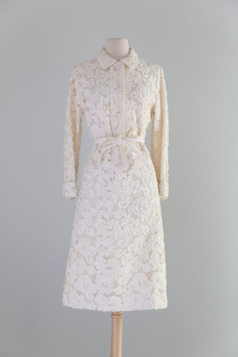 Elegant 1960's Vanilla Soutache & Lace Cocktail Dress / M