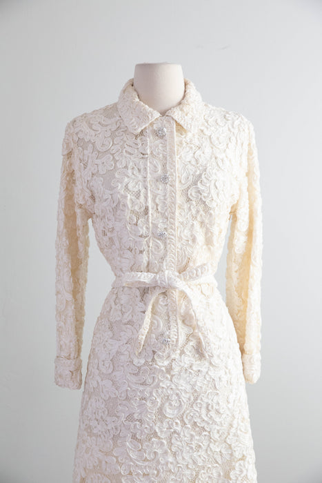 Elegant 1960's Vanilla Soutache & Lace Cocktail Dress / M