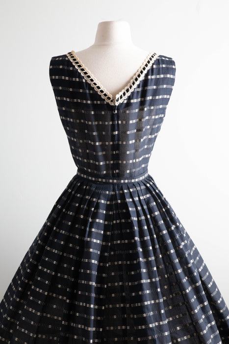 Beautiful 1950's R&K Crisp Navy Blue Cotton Dress / Medium