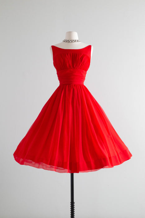 Fabulous 1960's Cherry Red Silk Chiffon Party Dress / Small