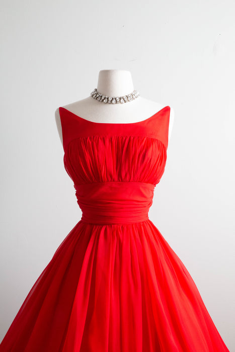 Fabulous 1960's Cherry Red Silk Chiffon Party Dress / Small