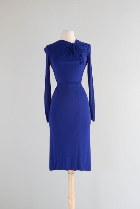 Divine 1950's Ceil Chapman Yves Klein Blue Silk Jersey Dress / Small