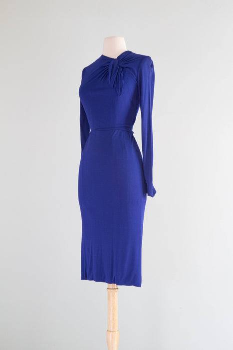 Divine 1950's Ceil Chapman Yves Klein Blue Silk Jersey Dress / Small