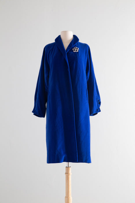 Stunning 1950's Sapphire Blue Velvet Swing Coat By Marguerite Rubel / Medium